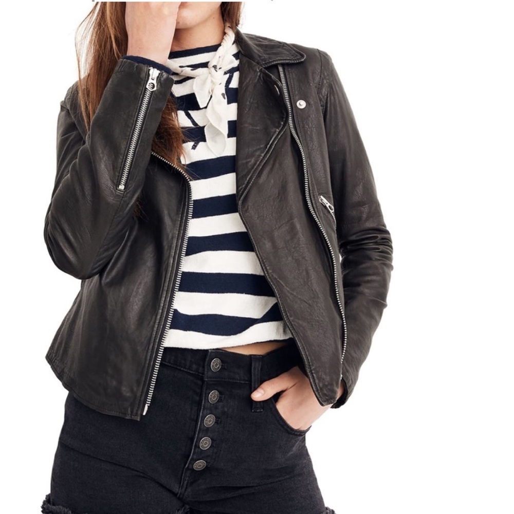Madewell Washed Leather Motorcycle Jacket in black Size S